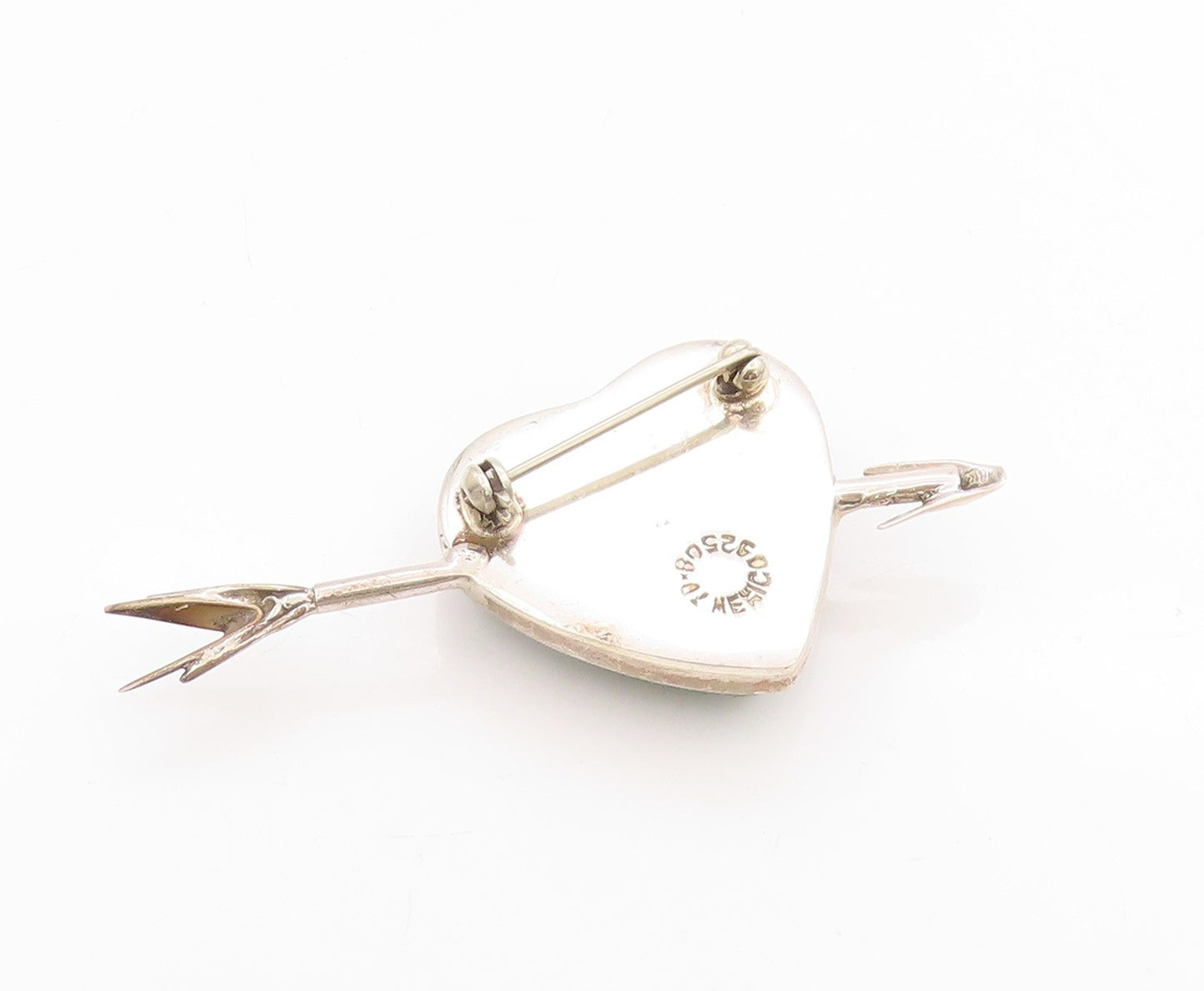 925 Sterling Silver Vintage Brooch MEXICO Large Gemstone Heart & Arrow BP11764