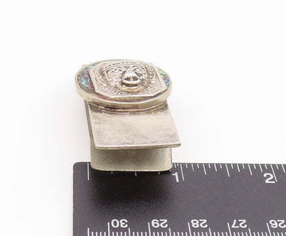 925 Sterling Silver Vintage Money Clip Abalone Inlay Aztec Sun God Motif  TR3970