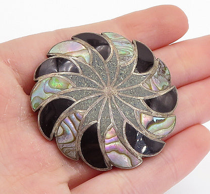 GARCIA MEXICO 925 Silver  Vintage Abalone Onyx & Jasper Brooch Pin  BP2817