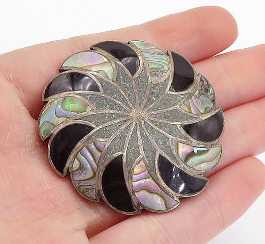 GARCIA MEXICO 925 Silver  Vintage Abalone Onyx & Jasper Brooch Pin  BP2817