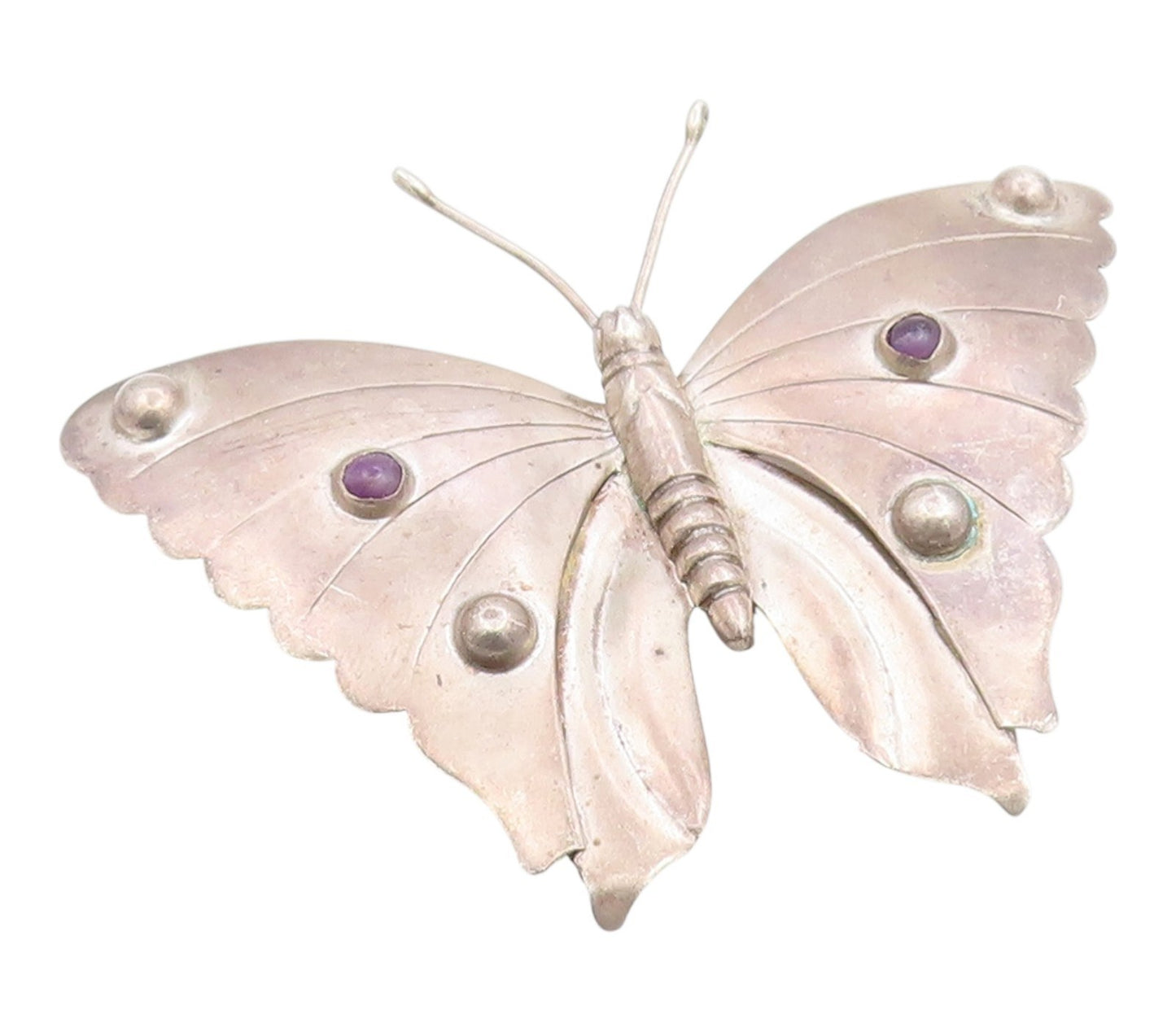 925 Sterling Silver Vintage Brooch Pin MEXICO Round Amethyst Butterfly  BP12509