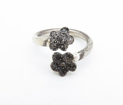 925 Sterling Silver  Vintage Dark Tone Floral Bypass Band Ring Sz 7  RG7490