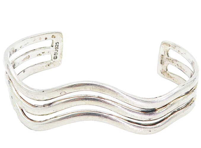 MEXICO 925 Sterling Silver  Vintage Shiny Wavy Split Cuff Bracelet  BT3551