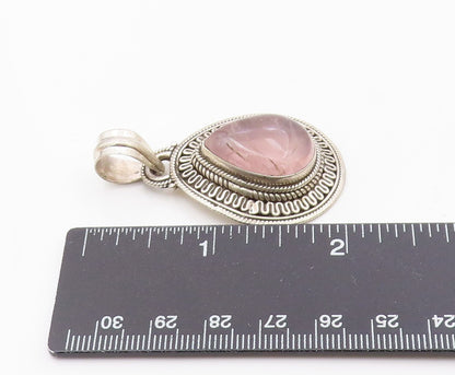 925 Sterling Silver  Vintage Cabochon Cut Rose Quartz Shiny Pendant  PT13789