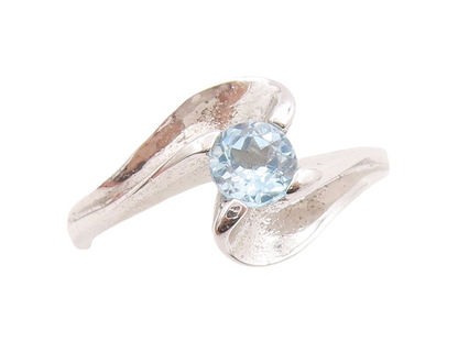 925 Sterling Silver Vintage Ring Modernist Design Carved Blue CZ Sz 7.5  RG29709