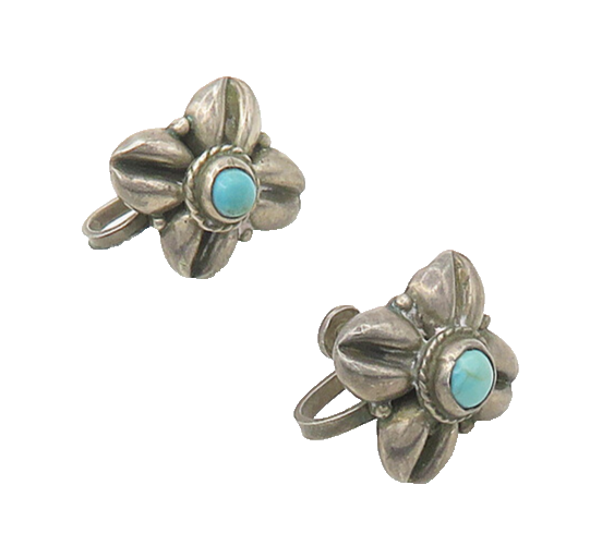 MEXICO 925 Silver  Vintage Antique Turquoise Floral Non Pierce Earrings EG9273
