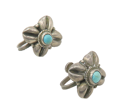 MEXICO 925 Silver  Vintage Antique Turquoise Floral Non Pierce Earrings EG9273