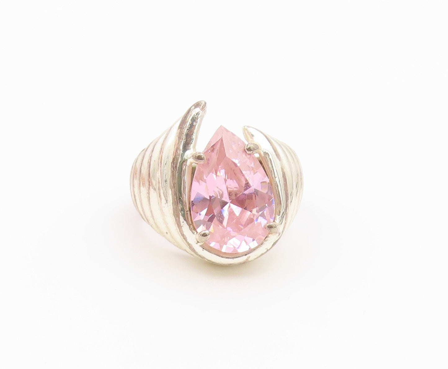 925 Sterling Silver Vintage Ring Pink Topaz Ribbed Statement Band Sz 7.5 RG36568