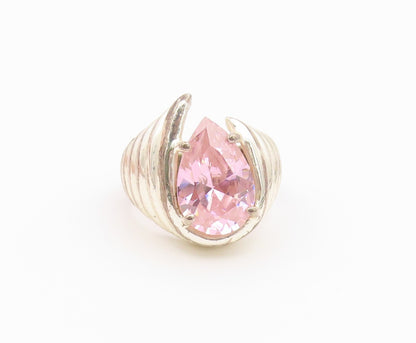 925 Sterling Silver Vintage Ring Pink Topaz Ribbed Statement Band Sz 7.5 RG36568