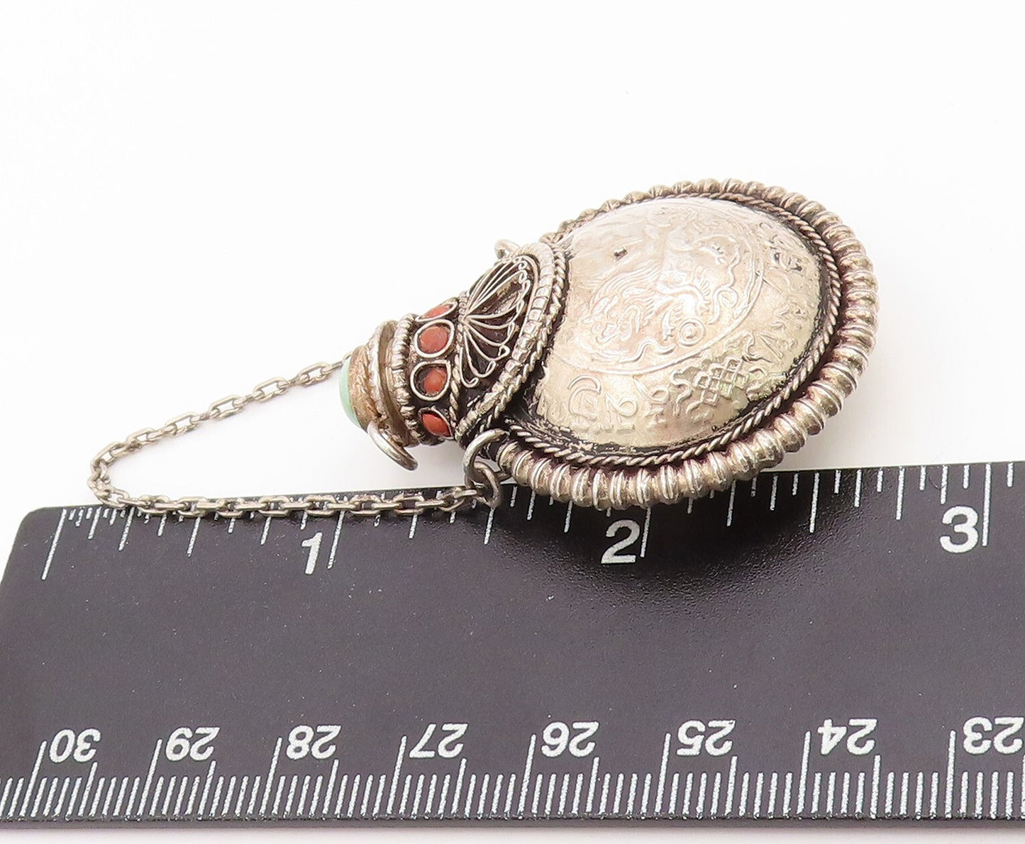 925 Sterling Silver Vintage Perfume Bottle Dark Tone Turquoise Carved  TR3889