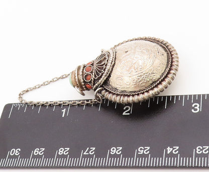 925 Sterling Silver Vintage Perfume Bottle Dark Tone Turquoise Carved  TR3889