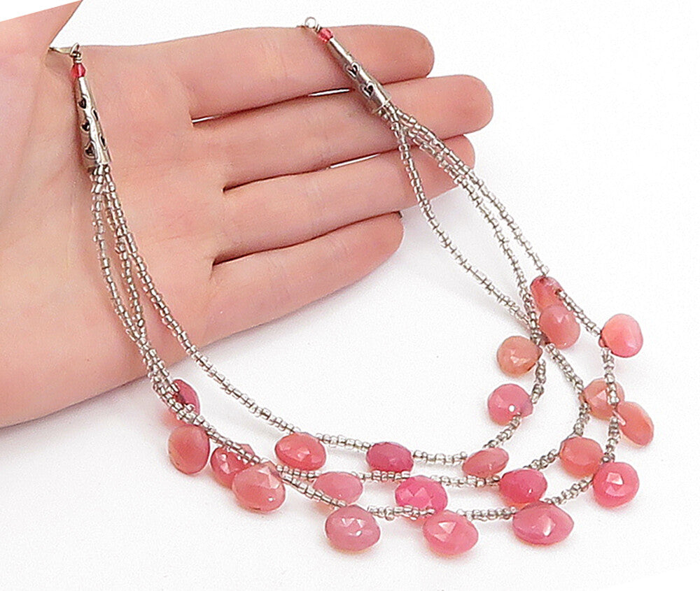925 Sterling Silver  Vintage Faceted Pink Chalcedony Chain Necklace  NE1161