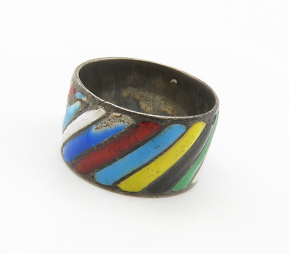 SIAM 925 Sterling Silver Vintage Enamel Slanted Stripes Band Ring Sz 6 RG15408