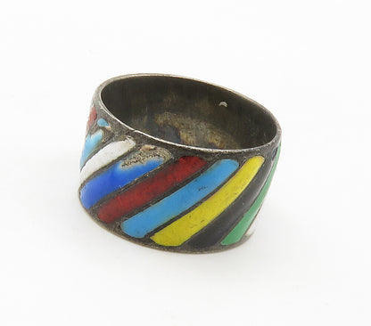 SIAM 925 Sterling Silver Vintage Enamel Slanted Stripes Band Ring Sz 6 RG15408