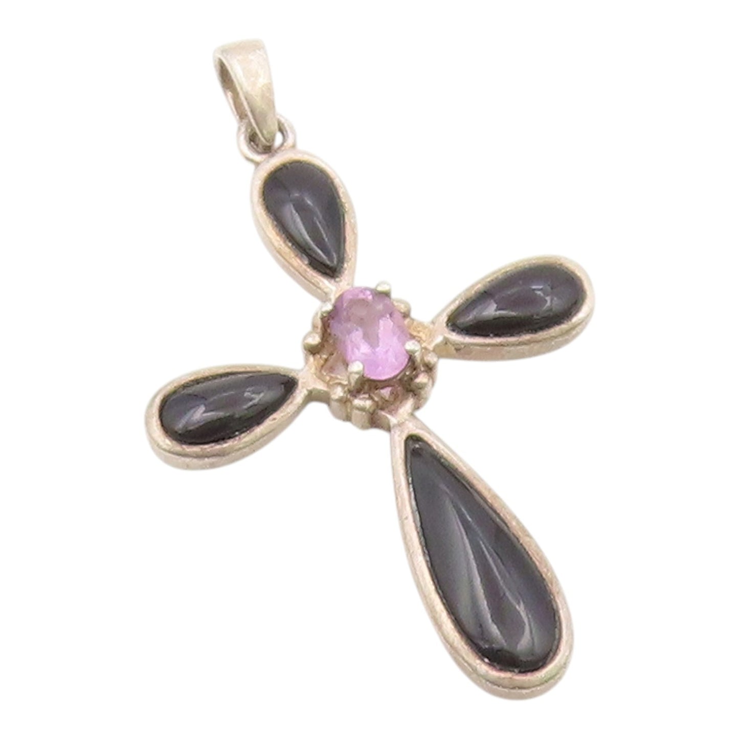 925 Silver  Vintage Amethyst & Black Onyx Religious Cross Pendant  PT21566