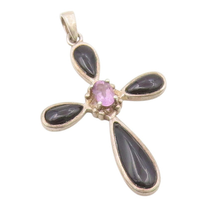 925 Silver  Vintage Amethyst & Black Onyx Religious Cross Pendant  PT21566