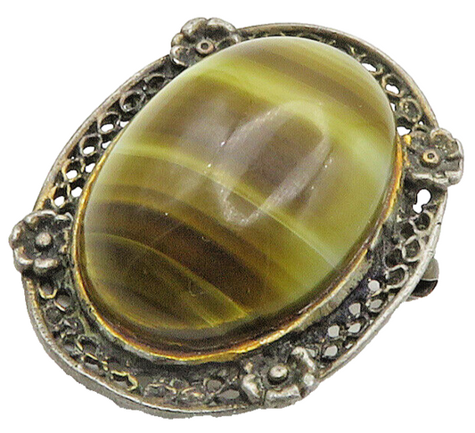 925 Sterling Silver  Vintage Cabochon Cut Agate Floral Brooch Pin  BP6126
