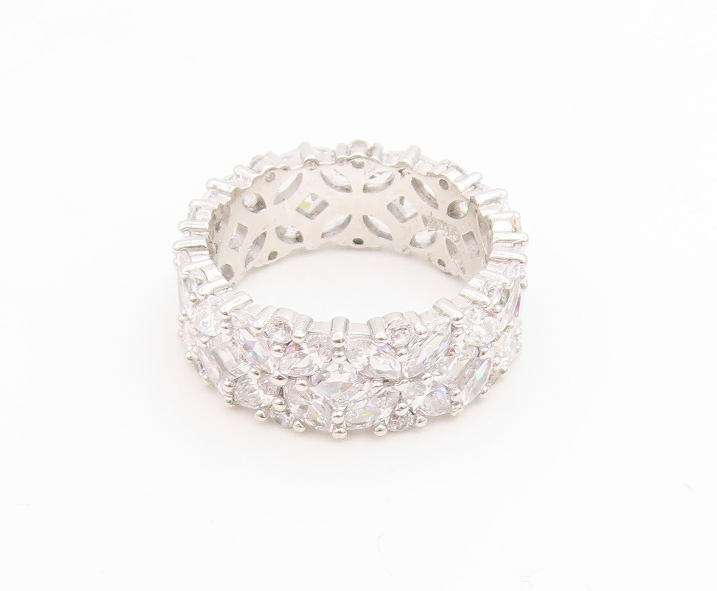 925 Sterling Silver Vintage Ring CZ Elegant Floral Eternity Band  Sz 8  RG35039
