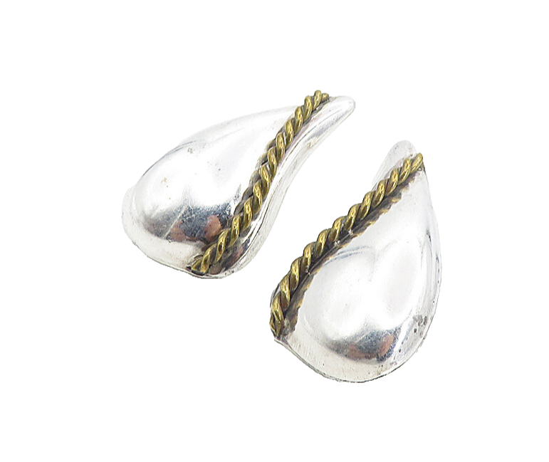 MEXICO 925 Sterling Silver  Vintage Two Tone Rope Twist Drop Earrings  EG4470