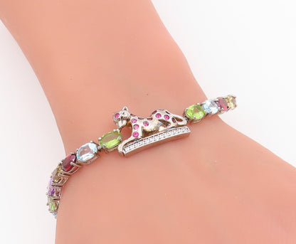 925 Sterling Silver Vintage Bracelet Multi Gemstone & CZ Wild Leopard  BT11550