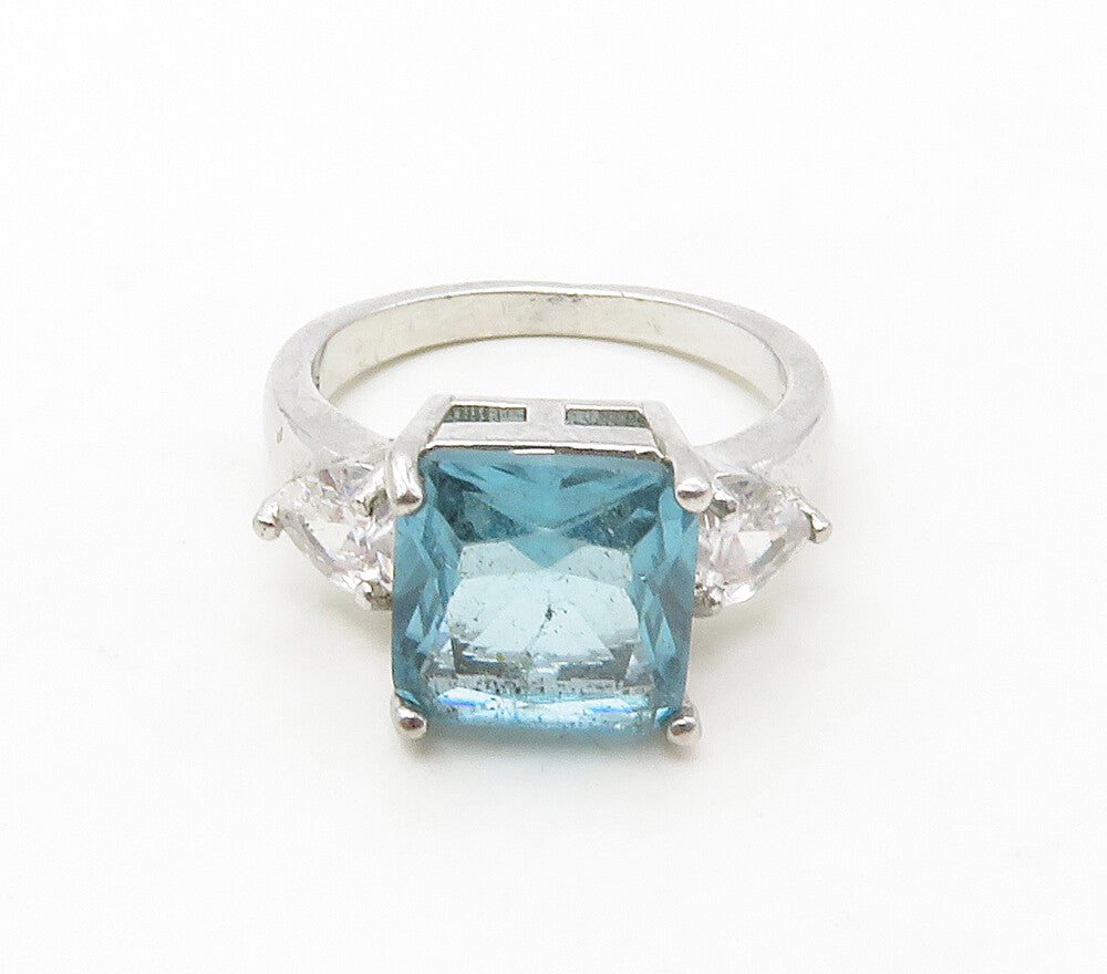 925 Sterling Silver  Blue & White Topaz Shiny Cocktail Ring Sz 8  RG16748