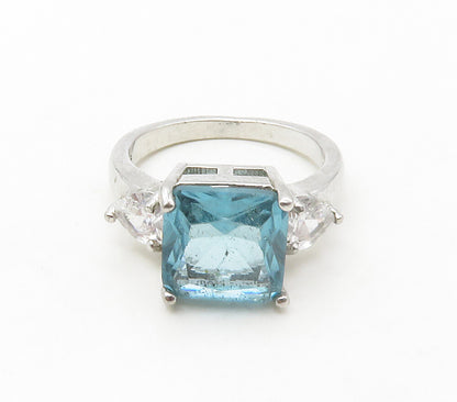 925 Sterling Silver  Blue & White Topaz Shiny Cocktail Ring Sz 8  RG16748
