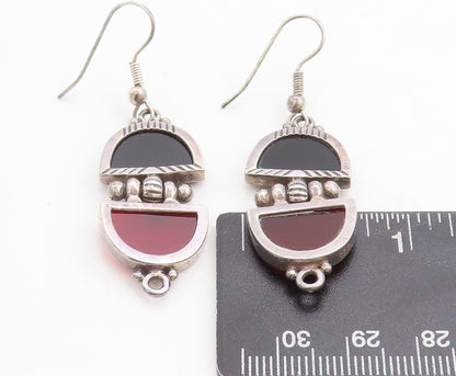925 Sterling Silver Vintage Earrings D Shape Black & Red Onyx  EG13294