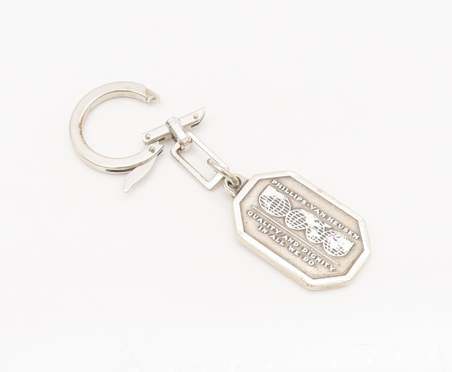 925 Silver  Vintage Rectangular Carved Van Heusen World Globe Keychain  TR3533