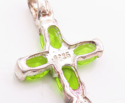 925 Sterling Silver Vintage Pendant Green Peridot Religious Cross Charm  PT24864