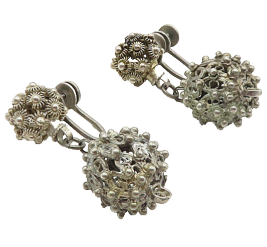 925 Sterling Silver  Vintage Antique Floral Sphere Non Pierce Earrings  EG4735