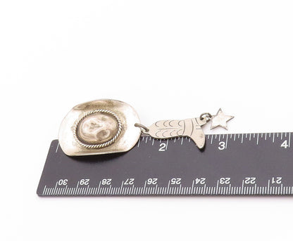 925 Sterling Silver Vintage Brooch Cowboy Hat With Dangling Boots & Star BP11649