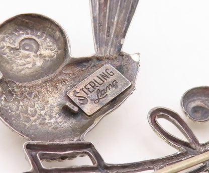 925 Sterling Silver Vintage Brooch Pin LANG Chirping Bird Musical Note  BP11255