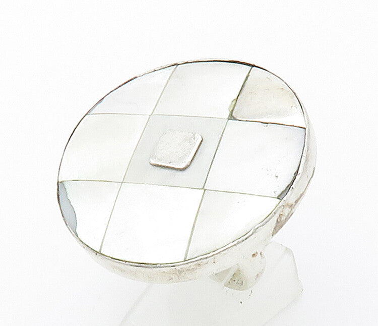 SANDY BAKER 925 Silver  Vintage Mother Of Pearl Cocktail Ring Sz 9  RG16414
