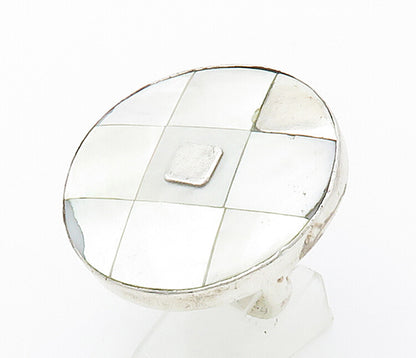 SANDY BAKER 925 Silver  Vintage Mother Of Pearl Cocktail Ring Sz 9  RG16414