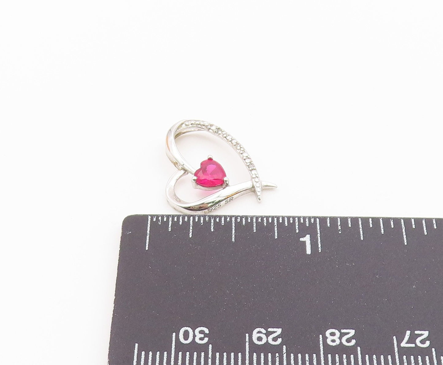 925 Silver  Vintage Genuine Diamond & Pink Topaz Love Heart Pendant  PT18993