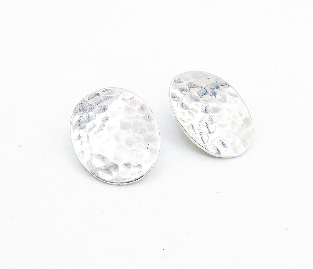 925 Sterling Silver  Vintage Shiny Hammered Oval Non Pierce Earrings  EG2840