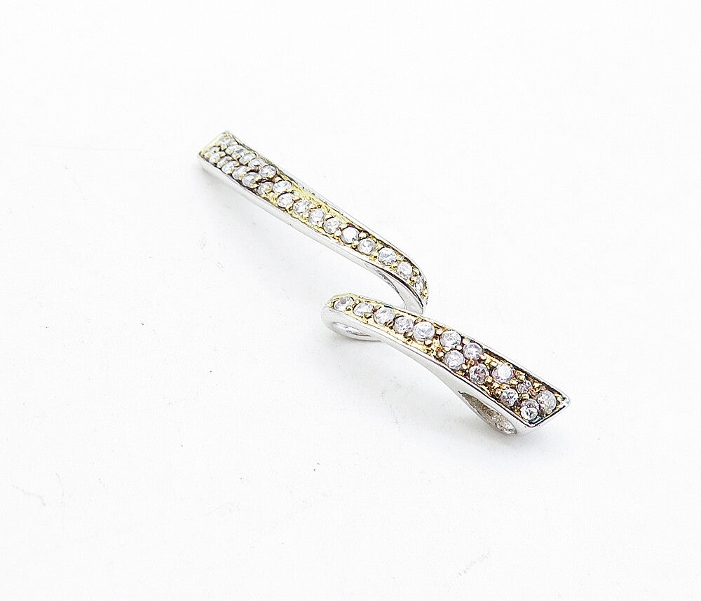 925 Sterling Silver  Shiny White Topaz Two Tone Ribbon Design Pendant  PT3458