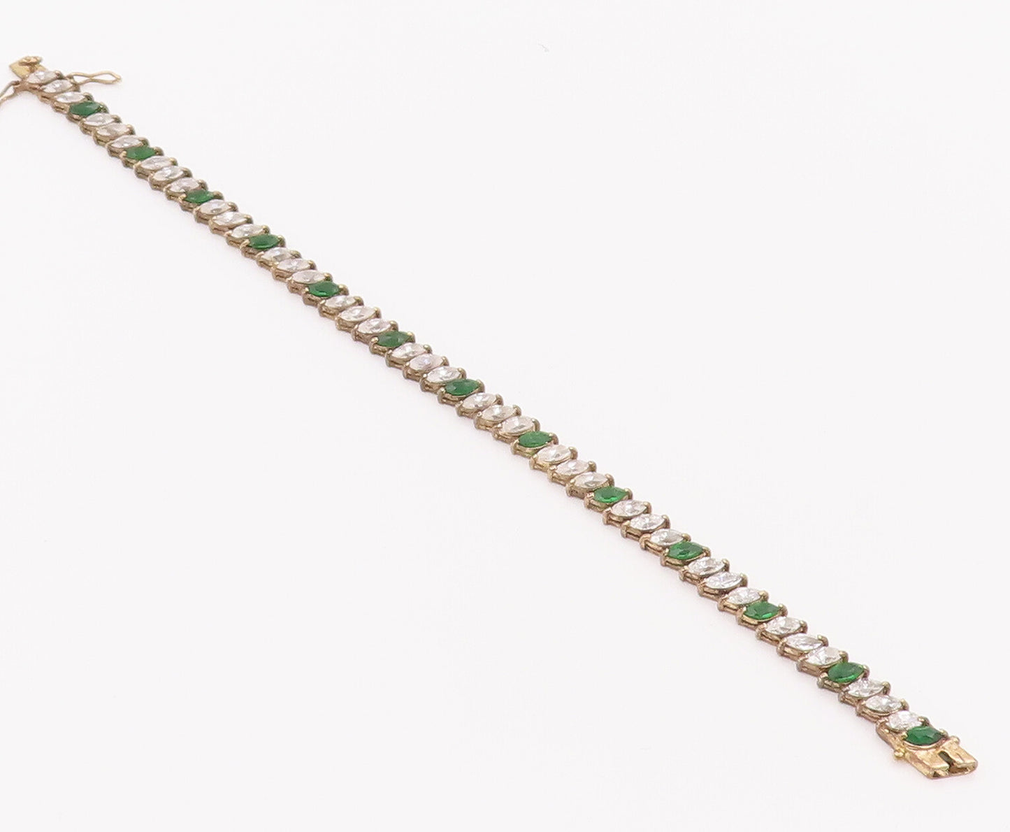925 Sterling Silver Vintage Bracelet Marquise Cut Green White CZ  BT10430