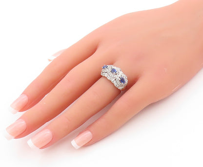 925 Sterling Silver Vintage Ring Oval Sapphire Halo Topaz Bands  Sz 6  RG32902