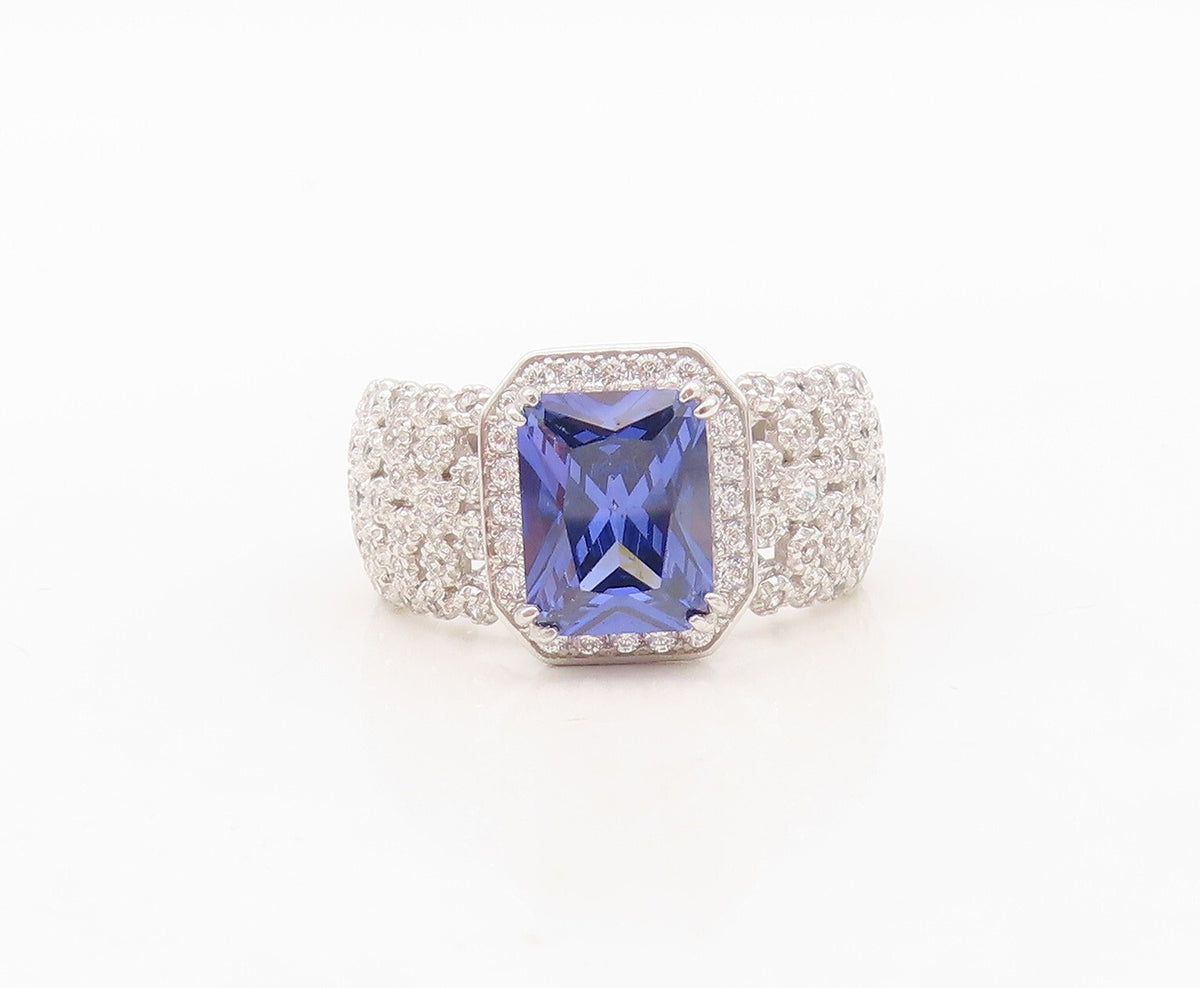 925 Sterling Silver Vintage Ring Square Cut Sapphire & CZ Band  Sz 7  RG30419