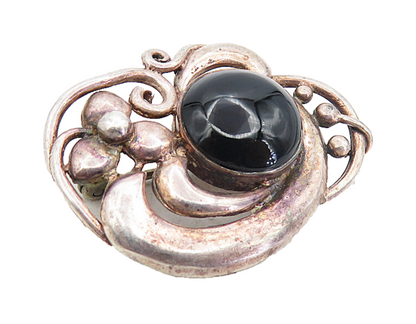 BOMA 925 Silver  Vintage Cabochon Cut Black Onyx Floral Brooch Pin  BP3059