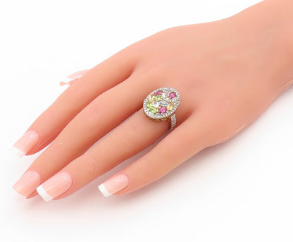 925 Sterling Silver Vintage Ring Gold Plated Multi Gemstone Cluster Sz 6 RG34596