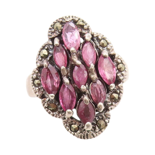 925 Sterling Silver Vintage Ring Marquise Cut Pink CZ & Marcasite Sz 6.5 RG32496