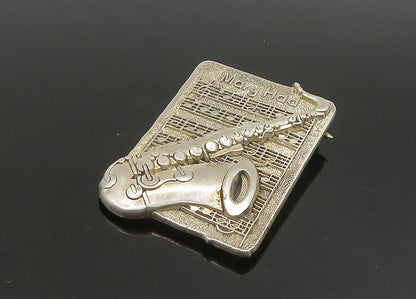 DESIGNER 925 Silver  Vintage Saxophone & Sheet Music Motif Brooch Pin  BP9145