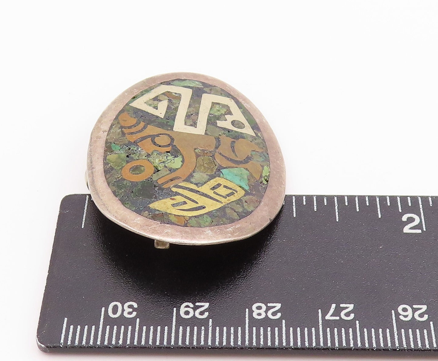 925 Sterling Silver Vintage Brooch Crushed Turquoise Inlay Dancing Man   BP11724