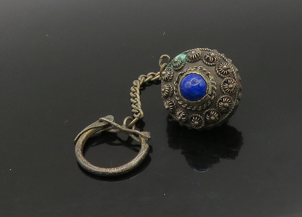 925 Sterling Silver  Vintage Lapis Lazuli & Amethyst Floral Key Chain  TR3202
