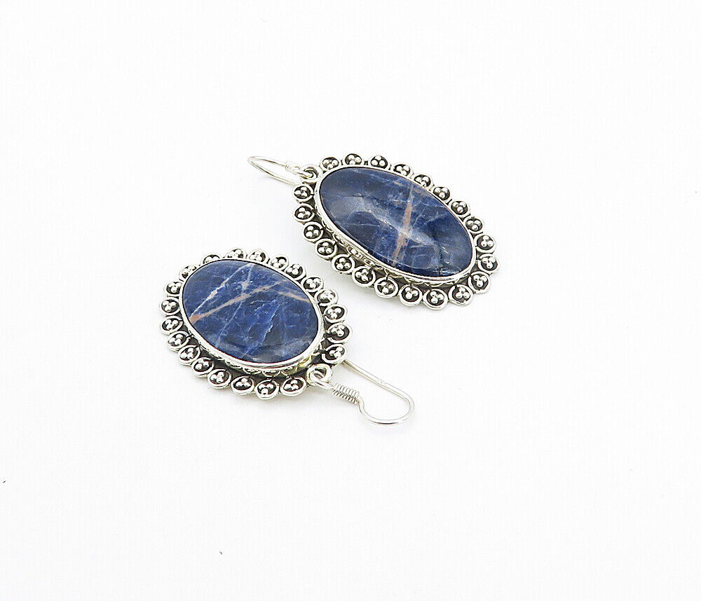 925 Sterling Silver - Vintage Sodalite Bordered Oval Dangle Earrings - EG3514