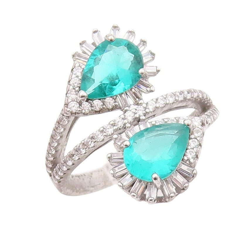 925 Sterling Silver Vintage Ring Designer Sea Green & White Topaz  Sz 7  RG30258