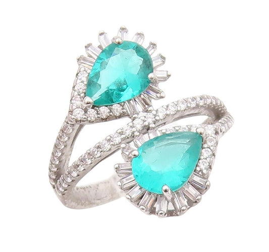 925 Sterling Silver Vintage Ring Designer Sea Green & White Topaz  Sz 7  RG30258