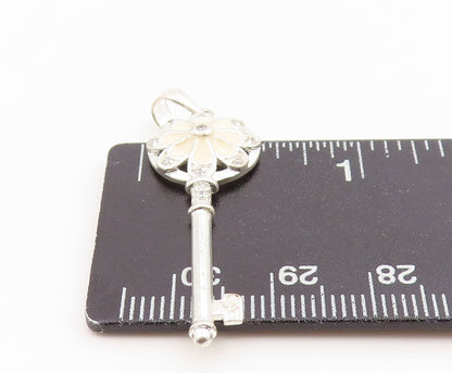925 Sterling Silver Vintage Pendant Modernist Enamel CZ Floral Key Charm PT26192